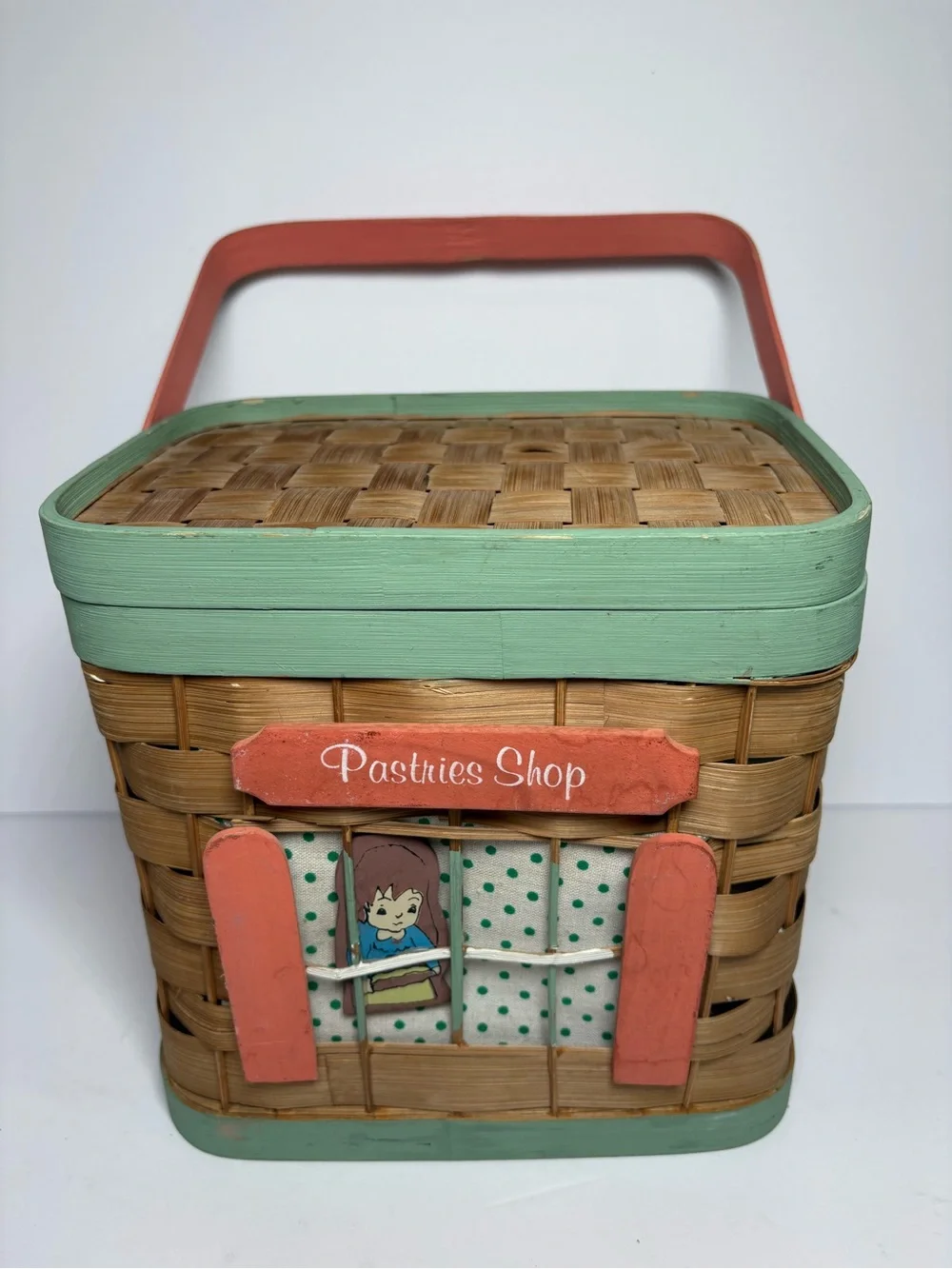 Vintage Pastries Shop Novelty Handmade Wood Woven Basket Purse / Planter Boho